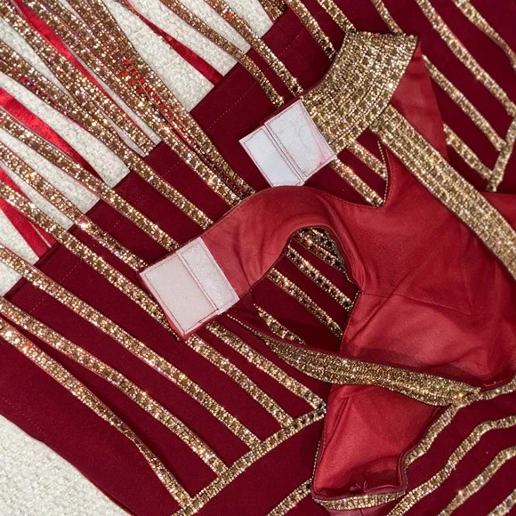 Halter Gold Burgundy Red Short Sparkle Fringe Showgirl Stage Dance Flapper Dress - Picture 11 of 12